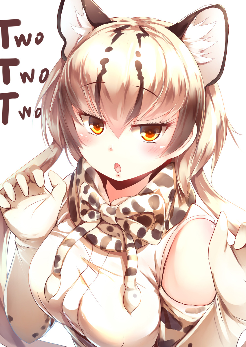 1girl absurdres bare_shoulders blonde_hair blush brown_hair claw_pose elbow_gloves extra_ears eyebrows_visible_through_hair fang gloves hair_between_eyes highres kanzakietc kemono_friends looking_at_viewer multicolored_hair ocelot_(kemono_friends) ocelot_ears ocelot_print open_mouth orange_eyes print_gloves shirt short_hair_with_long_locks sleeveless sleeveless_shirt solo white_shirt