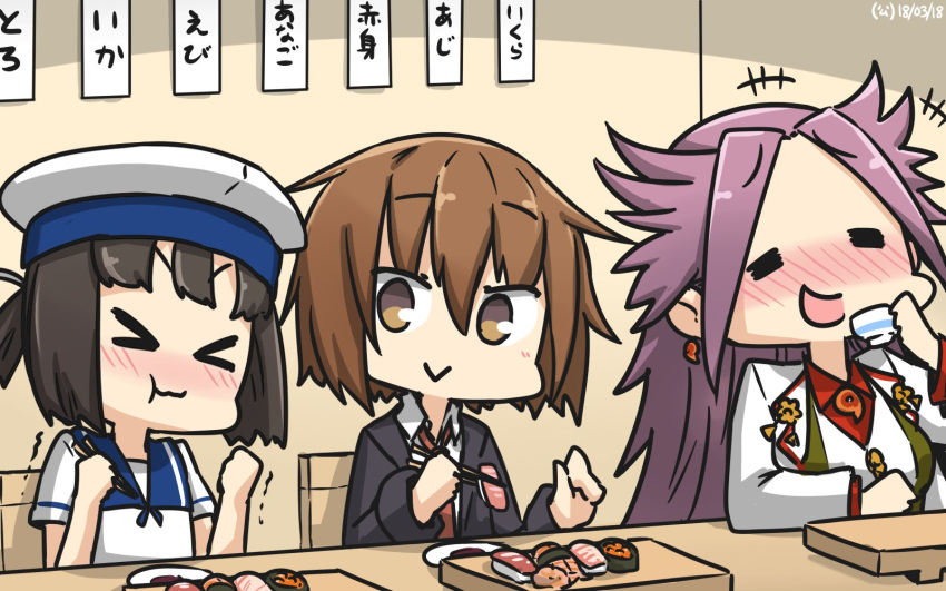 &gt;_&lt; +++ 3girls black_hair blazer blush brown_eyes brown_hair chopsticks daitou_(kantai_collection) dated drunk eating food hair_between_eyes hamu_koutarou hat highres holding holding_chopsticks jacket jun'you_(kantai_collection) kantai_collection long_hair long_sleeves multiple_girls necktie purple_hair red_neckwear sailor_hat short_hair short_sleeves sitting smile spiky_hair sushi wakaba_(kantai_collection) white_hat