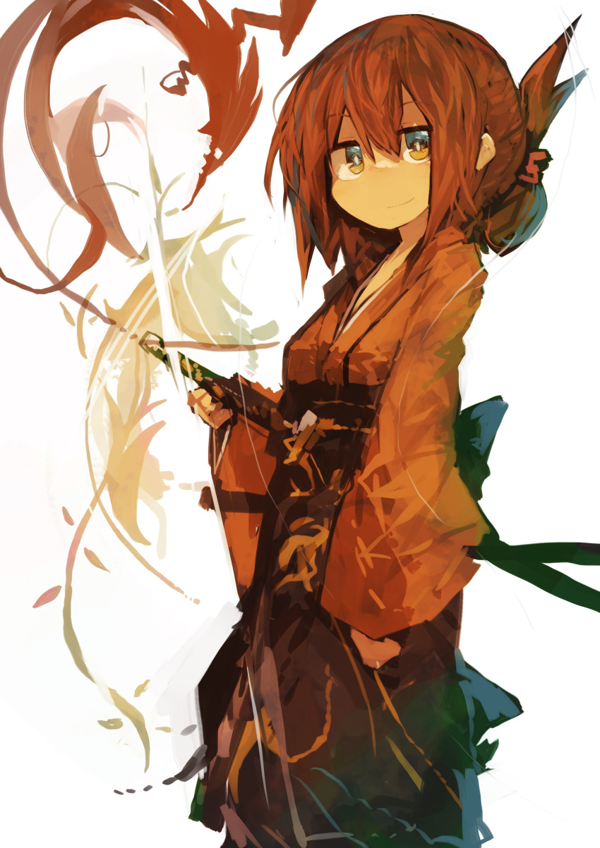 1girl absurdres alternate_costume brown_hair commentary folded_ponytail hand_on_hilt highres inazuma_(kantai_collection) japanese_clothes kaamin_(mariarose753) kantai_collection katana kimono smile sword weapon yellow_eyes