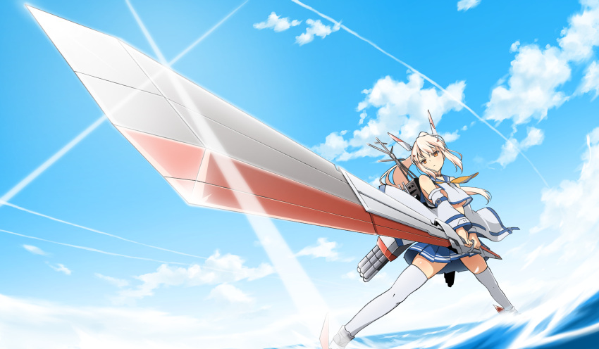 1girl absurdres artist_request ayanami_(azur_lane) azur_lane blonde_hair breasts clouds cloudy_sky commentary commentary_request day detached_sleeves highres long_hair medium_breasts orange_eyes pleated_skirt ponytail remodel_(azur_lane) sailor_collar skindentation skirt sky solo standing standing_on_liquid sunrise_stance sword thigh-highs torpedo_tubes under_boob weapon white_legwear zettai_ryouiki