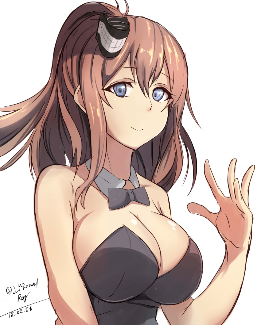 1girl absurdres bare_shoulders black_leotard blue_eyes breasts brown_hair bunnysuit cleavage dated detached_collar hair_between_eyes hair_ornament highres j.roswel kantai_collection large_breasts leotard long_hair looking_at_viewer saratoga_(kantai_collection) smile solo twitter_username white_background