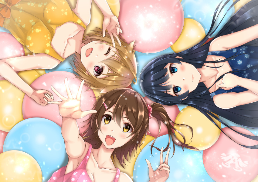 3girls ahoge black_hair blue_eyes brown_eyes brown_hair commentary hair_ornament hairclip highres ibuki_tsubasa idolmaster idolmaster_million_live! kasuga_mirai long_hair lying mogami_shizuka multiple_girls on_back one_eye_closed one_side_up open_mouth pink_eyes short_hair smile v yuzuyu_(hyui)