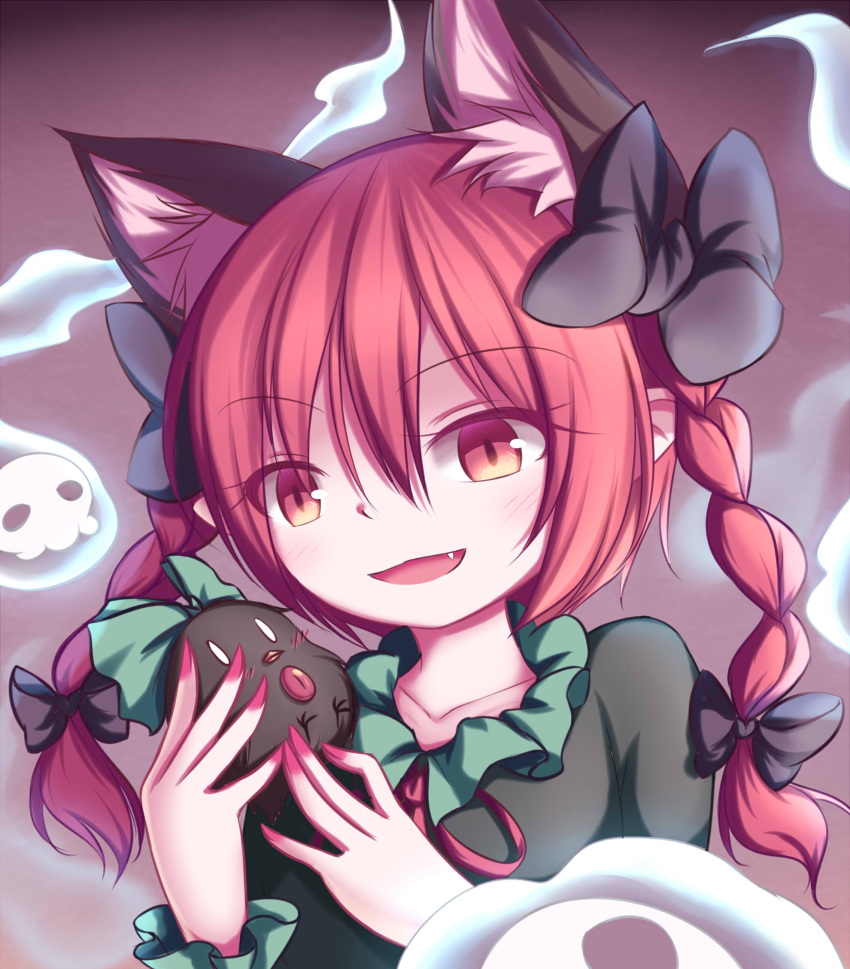 1girl animal animal_ears blush bow braid cat_ears collarbone dior-zi dress extra_ears eyebrows_visible_through_hair fang fingernails flaming_skull green_dress hair_between_eyes hair_bow highres hitodama holding holding_animal kaenbyou_rin looking_at_viewer nail_polish open_mouth purple_background red_eyes red_nails redhead reiuji_utsuho reiuji_utsuho_(bird) sharp_fingernails short_hair simple_background slit_pupils third_eye touhou twin_braids upper_body