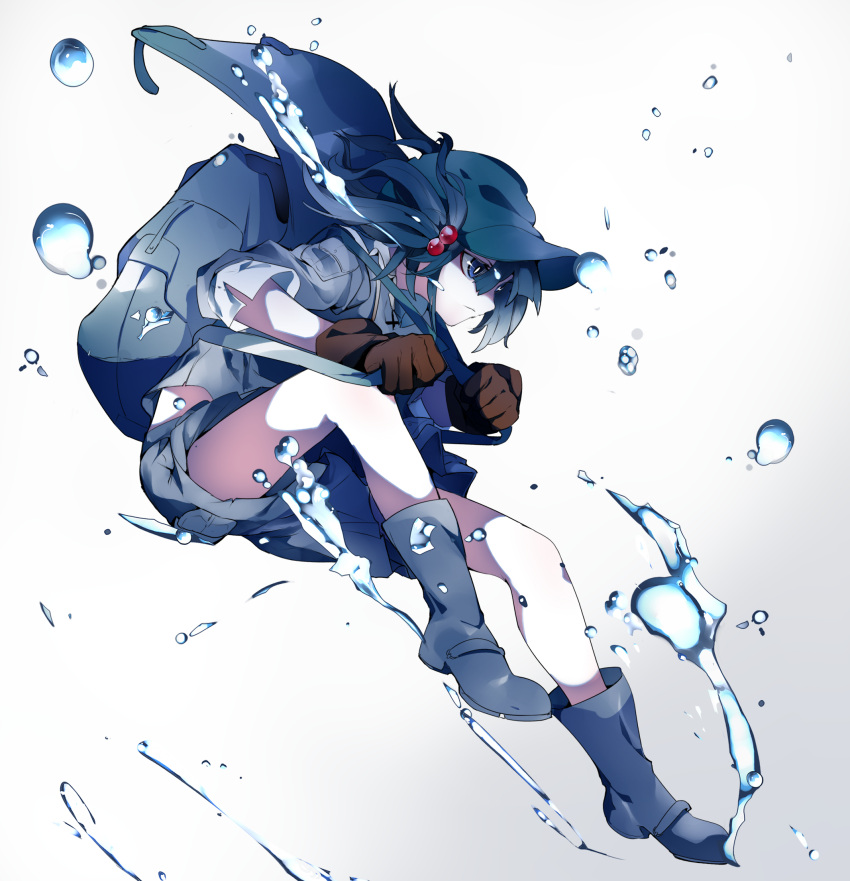 1girl bent_elbows bent_knees black_footwear boots brown_gloves commentary_request full_body gloves goggles hair_ornament hair_tie hat highres ikurauni kawashiro_nitori long_hair looking_down sidelocks solo touhou underwater