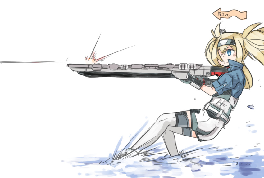 1girl blonde_hair blue_eyes commentary_request directional_arrow enjaku_izuku flight_deck full_body gambier_bay_(kantai_collection) gloves hair_over_one_eye highres kantai_collection shorts simple_background solo standing standing_on_liquid thigh-highs twintails white_background white_legwear