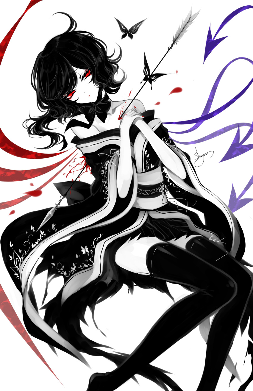 1girl absurdres arrow arrow_in_body artist_name asymmetrical_wings bare_shoulders black_bow black_hair black_kimono black_legwear black_neckwear blood bow head_tilt highres houjuu_nue impaled japanese_clothes kimono leaning_back limited_palette long_sleeves nail_polish neck_bow obi off_shoulder red_eyes red_nails sash sheya signature simple_background solo spot_color thigh-highs touhou white_background wide_sleeves wings zettai_ryouiki