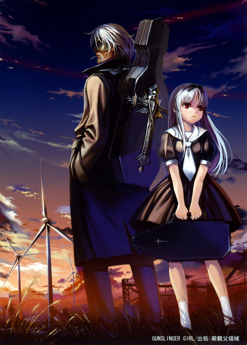 1boy 1girl absurdres abyss alphonse_(white_datura) beard black_dress cigarette clouds dress el elysion evening facial_hair grass hair_ribbon height_difference highres instrument_case long_hair mask petite puffy_sleeves red_eyes ribbon sailor_dress scan sky socks sound_horizon sunset translation_request trench_coat violin_case white_hair white_legwear wind_turbine windmill