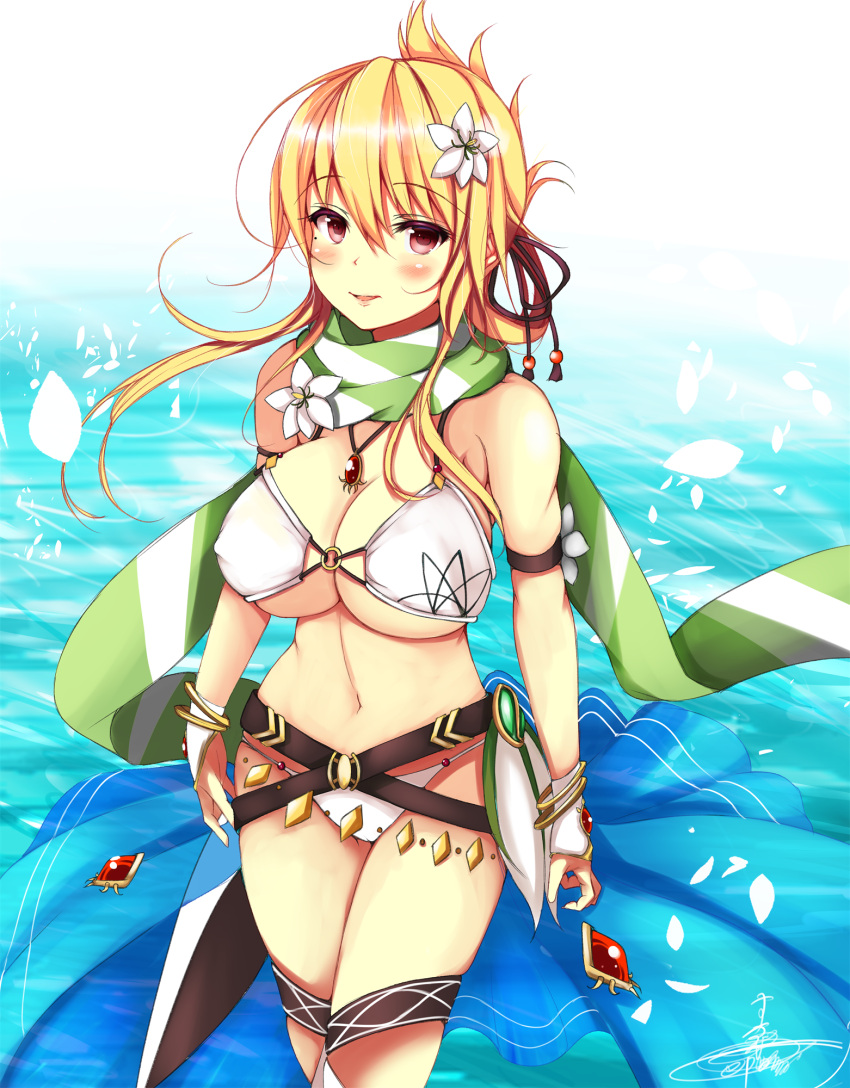 1girl belt bikini blonde_hair bracelet breasts cleavage cowboy_shot flower flower_knight_girl hair_flower hair_ornament highres jewelry kuchinashi_(flower_knight_girl) large_breasts looking_at_viewer necklace o-ring_top red_eyes scarf short_hair smile solo striped striped_scarf suzume_(simple0091) swimsuit waist_cape water white_bikini