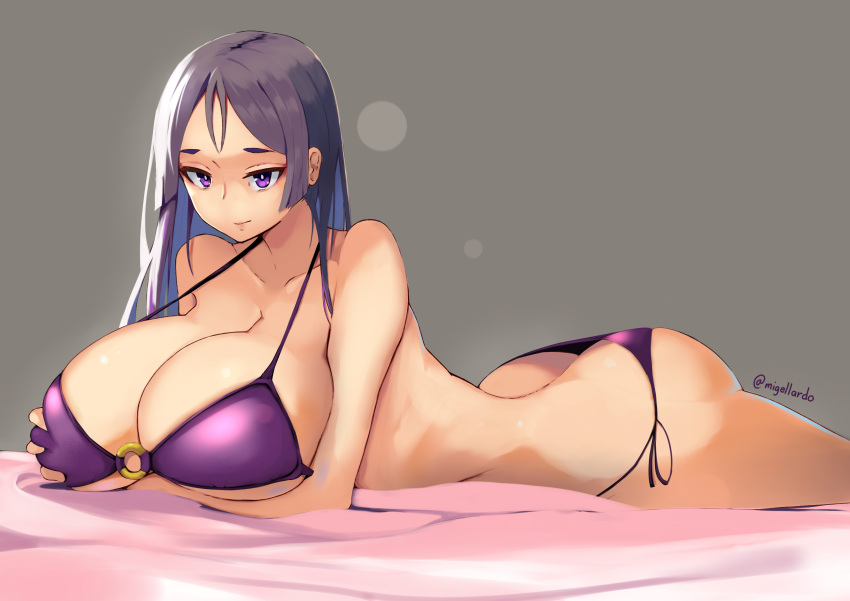 1girl absurdres ass bangs bikini breast_grab breasts butt_crack cleavage closed_mouth commentary_request downpants eyes_visible_through_hair fate/grand_order fate_(series) grabbing hair_between_eyes highres kion-kun large_breasts long_hair looking_at_viewer lying minamoto_no_raikou_(fate/grand_order) o-ring_top on_stomach purple_bikini purple_hair side-tie_bikini simple_background solo swimsuit the_pose twitter_username violet_eyes