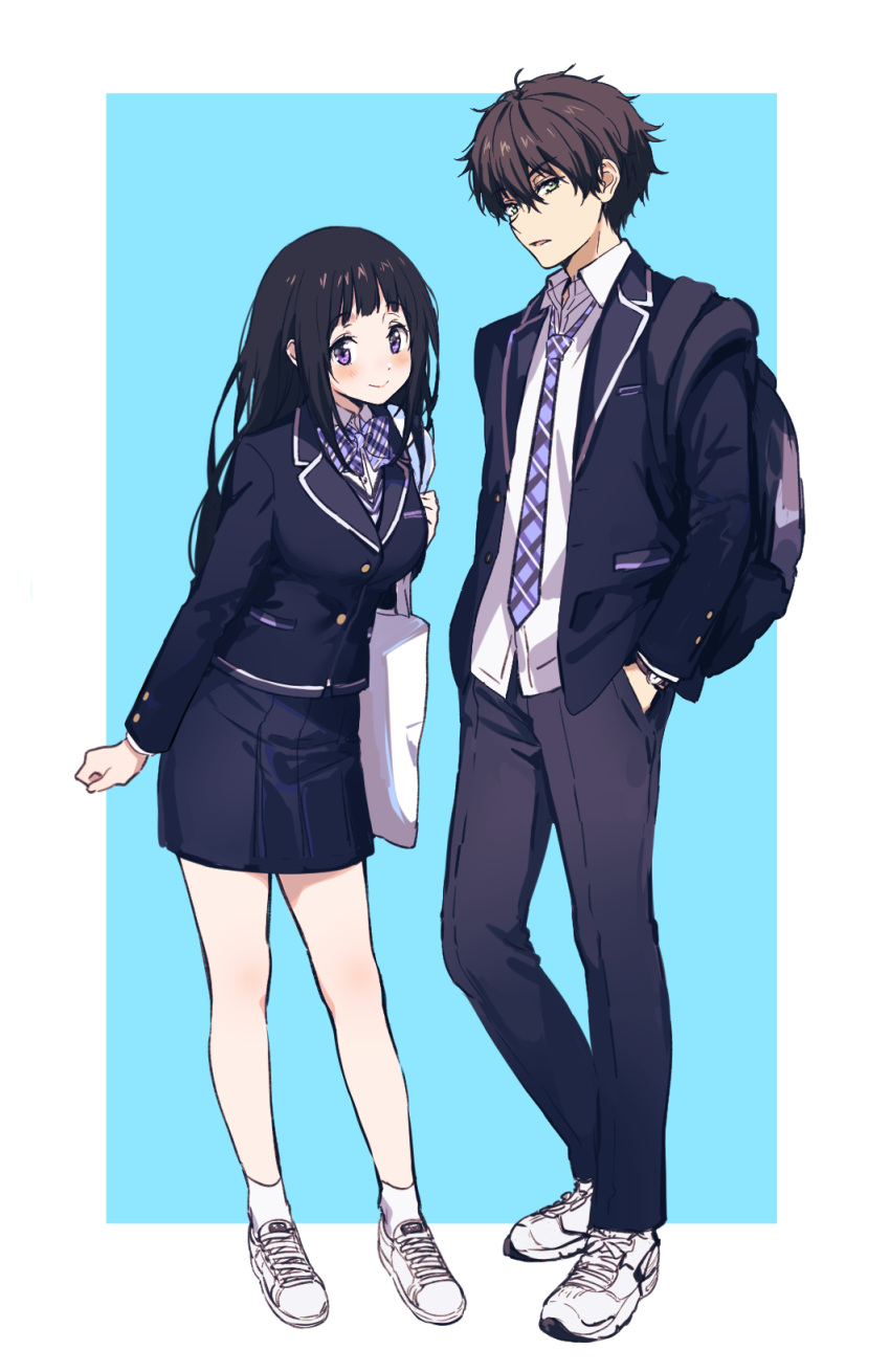 1boy 1girl bangs black_hair blazer blunt_bangs chitanda_eru highres hyouka jacket long_hair mery_(apfl0515) necktie oreki_houtarou school_uniform skirt tote_bag