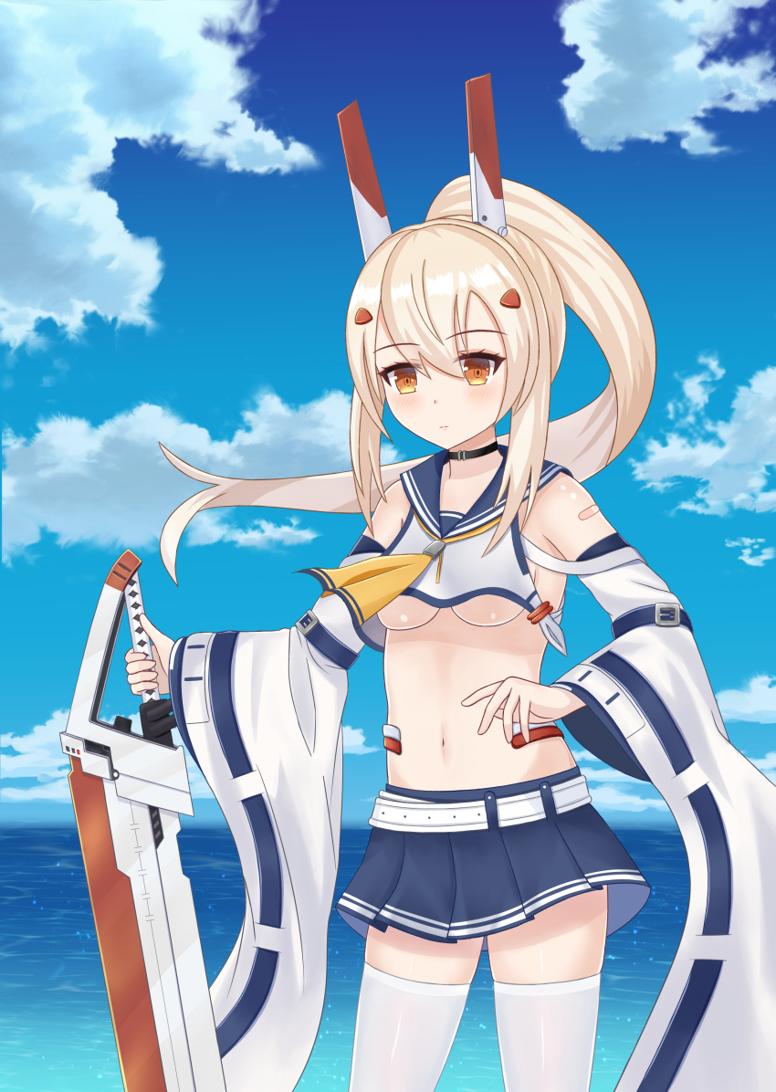 1girl absurdres ayanami_(azur_lane) azur_lane bandaid_on_arm bangs bare_shoulders biako blue_skirt blue_sky blush breasts brown_eyes closed_mouth clouds cloudy_sky commentary_request crop_top crop_top_overhang day eyebrows_visible_through_hair hair_between_eyes hair_ornament headgear high_ponytail highres holding light_brown_hair long_hair long_sleeves medium_breasts midriff navel ocean outdoors pleated_skirt ponytail revision school_uniform serafuku shirt skirt sky sleeveless sleeveless_shirt solo standing thigh-highs under_boob very_long_hair water white_belt white_legwear white_shirt wide_sleeves zettai_ryouiki