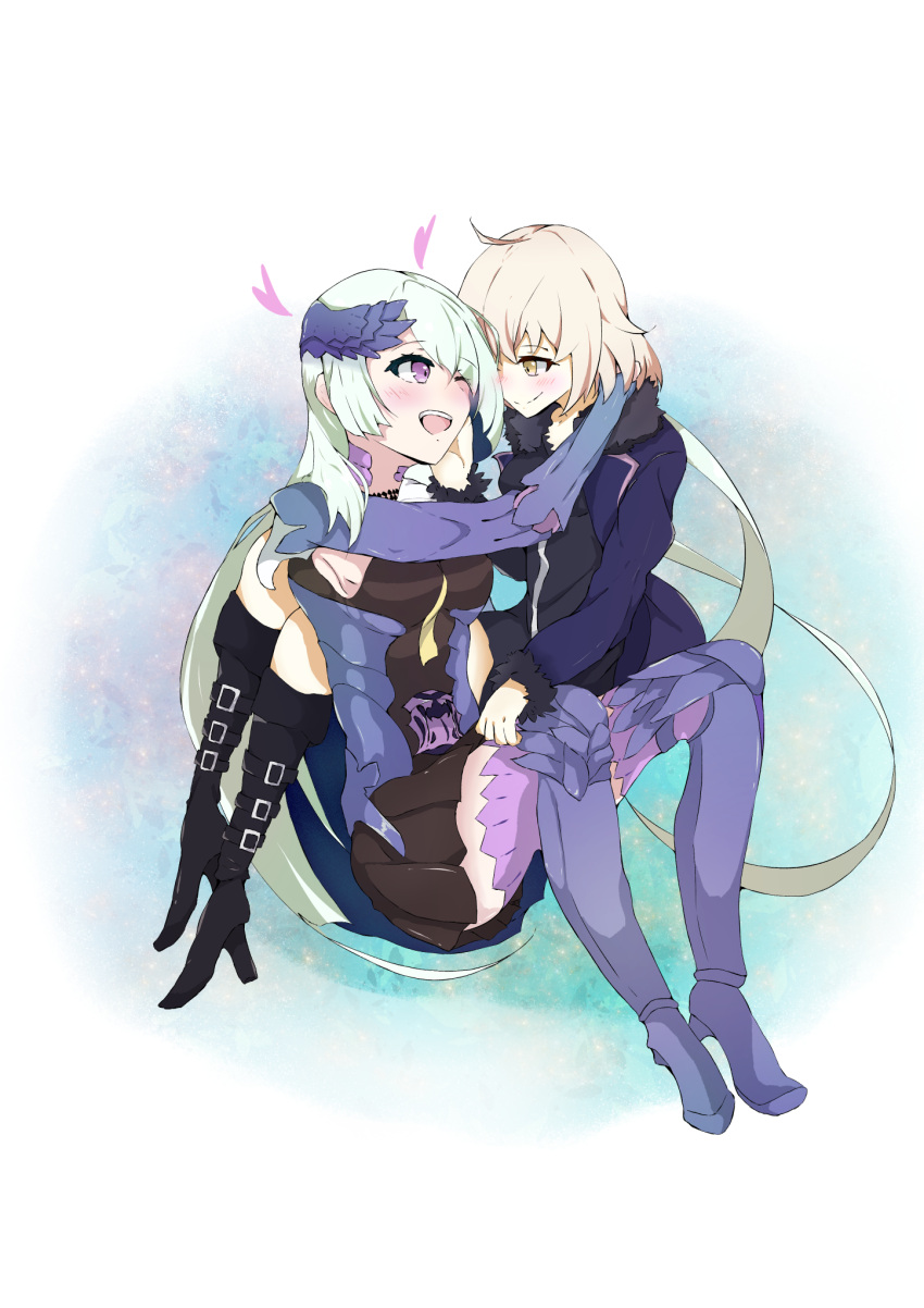 2girls aqua_hair armor armored_boots armpit_peek black_legwear blonde_hair blush boots brynhildr_(fate) commentary_request fate/grand_order fate_(series) heart highres hug jeanne_d'arc_(alter)_(fate) jeanne_d'arc_(fate)_(all) knee_boots long_hair looking_at_another molitika multiple_girls one_eye_closed open_mouth purple_legwear short_hair smile thigh-highs thigh_boots very_long_hair violet_eyes wicked_dragon_witch_ver._shinjuku_1999 yellow_eyes yuri