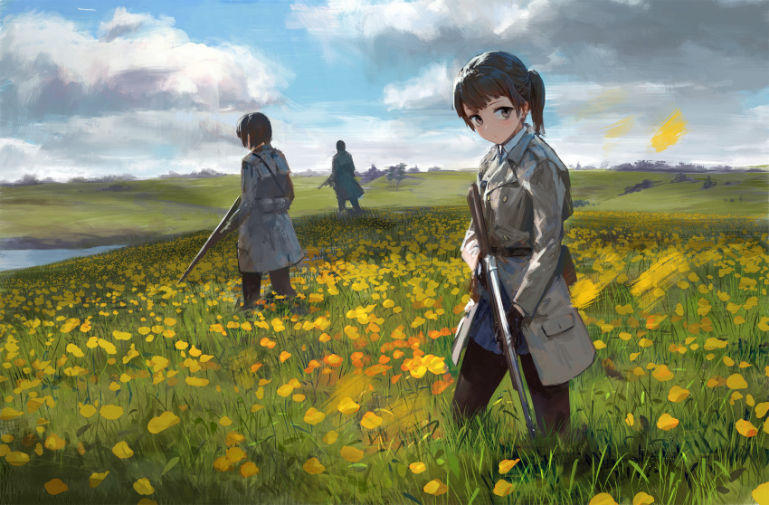 1girl 2boys belt belt_pouch black_gloves black_legwear brown_eyes brown_hair clouds collared_shirt day double-breasted expressionless field flower flower_field gloves grass gun highres long_coat looking_at_viewer meadow multiple_boys original ponytail poppy_(flower) rifle scenery shirt short_hair skirt sky tall_grass treeware weapon