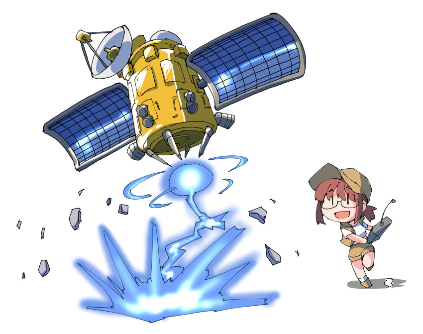 1girl absurdres baseball_cap breasts brown_hair controller fio_germi glasses hat highres knee_pads metal_slug midriff military ponytail remote_control satellite shinapuu shorts solo vest