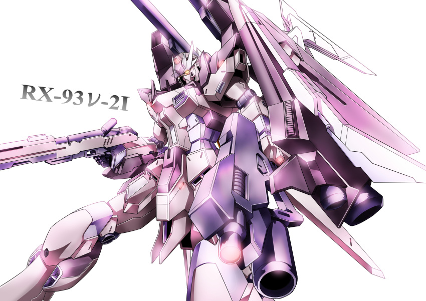 absurdres artist_request beam_rifle character_name commentary_request energy_gun glowing glowing_eye gundam_build_fighters_amazing hi-nu_gundam_influx highres mecha no_humans simple_background weapon white_background