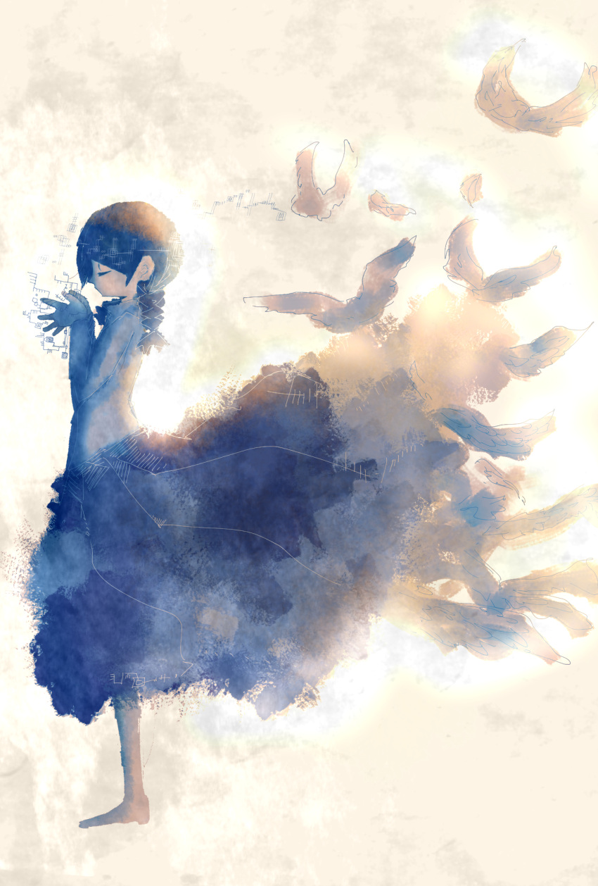 1girl barefoot bird braid closed_eyes feathered_wings feathers from_side hands_together highres light long_hair long_sleeves madotsuki oimo_160 shirt skirt solo twin_braids wings yume_nikki
