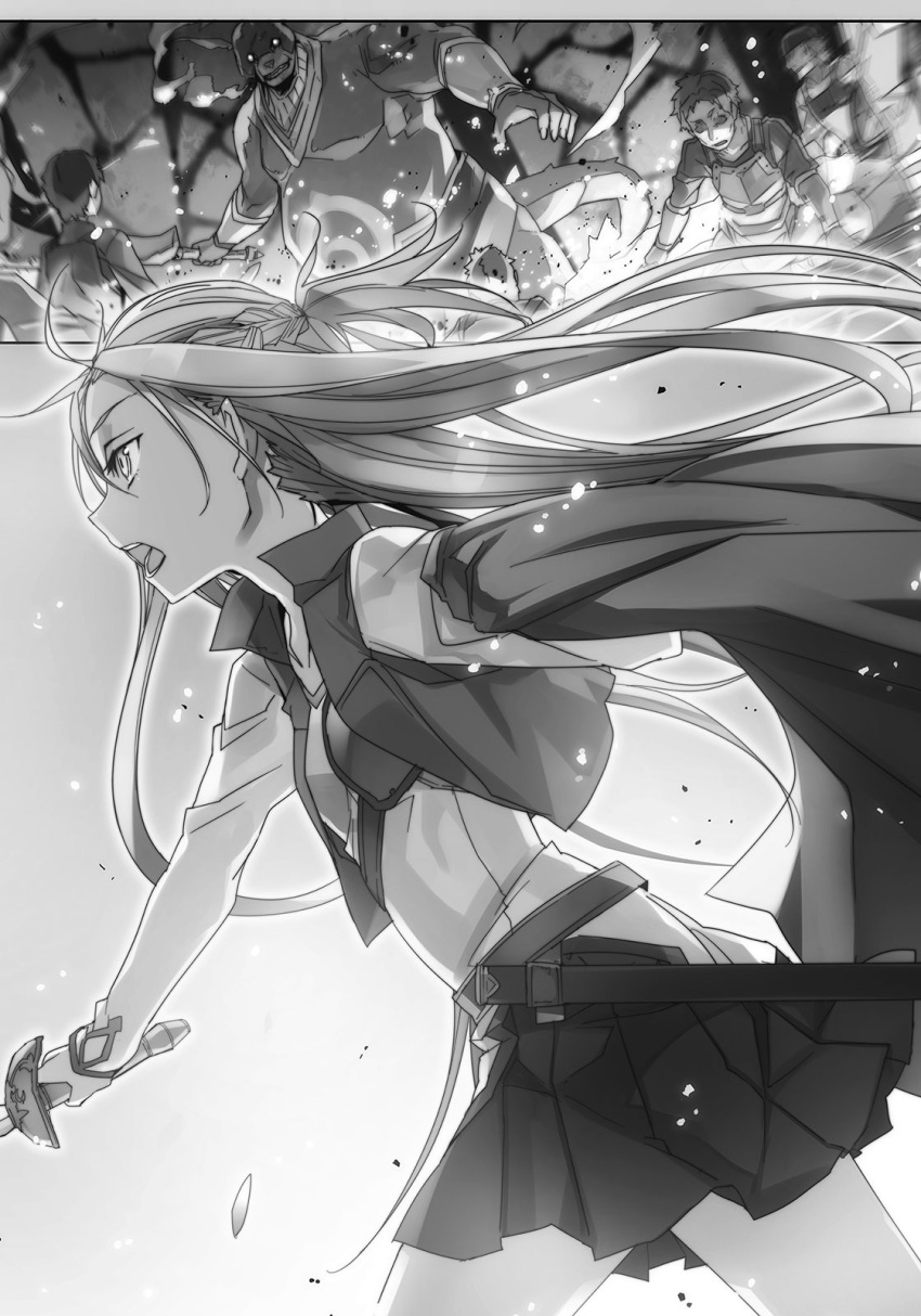 1girl abec asuna_(sao) cape cowboy_shot floating_hair from_side greyscale hair_between_eyes highres holding holding_cape holding_sword holding_weapon long_hair miniskirt monochrome novel_illustration official_art open_mouth pleated_skirt skirt standing sword sword_art_online very_long_hair weapon