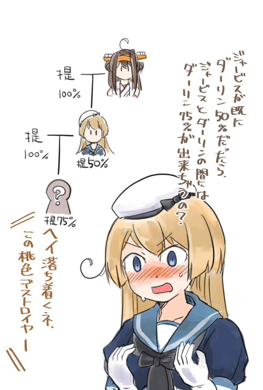 &gt;:o 2girls ahoge blonde_hair blue_eyes blush brown_hair commentary_request enjaku_izuku family_tree gloves hat highres jervis_(kantai_collection) kantai_collection kongou_(kantai_collection) long_hair multiple_girls nose_blush sailor_collar simple_background translation_request upper_body white_background white_gloves