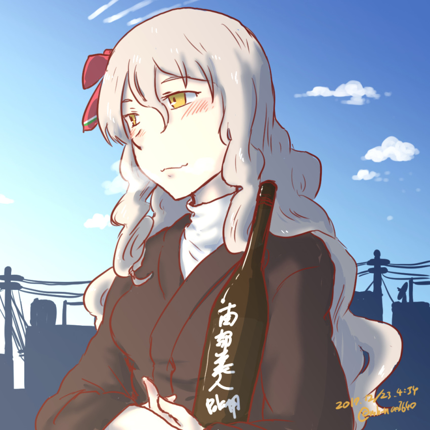 1girl alternate_costume blue_sky blush bottle bow clouds dated hair_between_eyes hair_bow holding holding_bottle japanese_clothes kantai_collection light long_sleeves pola_(kantai_collection) power_lines red_bow samusio sky smile solo translation_request twitter_username upper_body wavy_hair wavy_mouth white_hair yellow_eyes