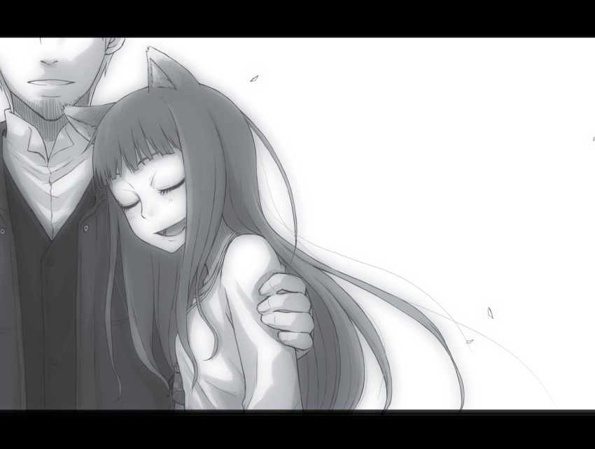 1boy 1girl :d animal_ears ayakura_juu beard closed_eyes couple craft_lawrence dress_shirt facial_hair floating_hair greyscale head_out_of_frame highres holo long_hair monochrome novel_illustration official_art open_mouth shirt simple_background smile spice_and_wolf upper_body very_long_hair white_background wolf_ears