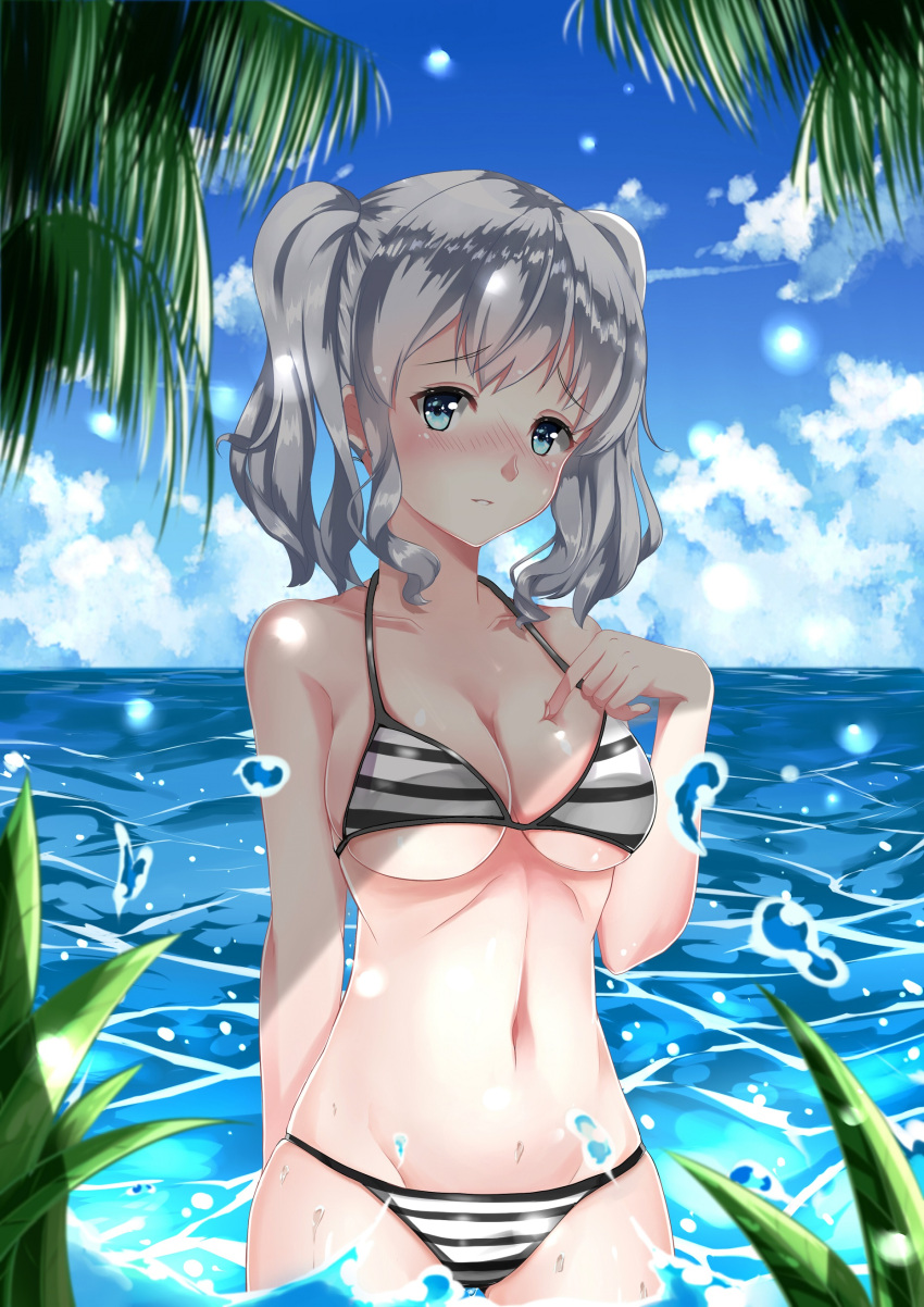 1girl absurdres arm_behind_back bikini blue_eyes blush breasts chahei clouds cloudy_sky collarbone eyebrows_visible_through_hair grey_eyes hand_on_own_chest highres kantai_collection kashima_(kantai_collection) large_breasts ocean palm_tree sky striped striped_bikini swimsuit tree twintails under_boob wavy_hair