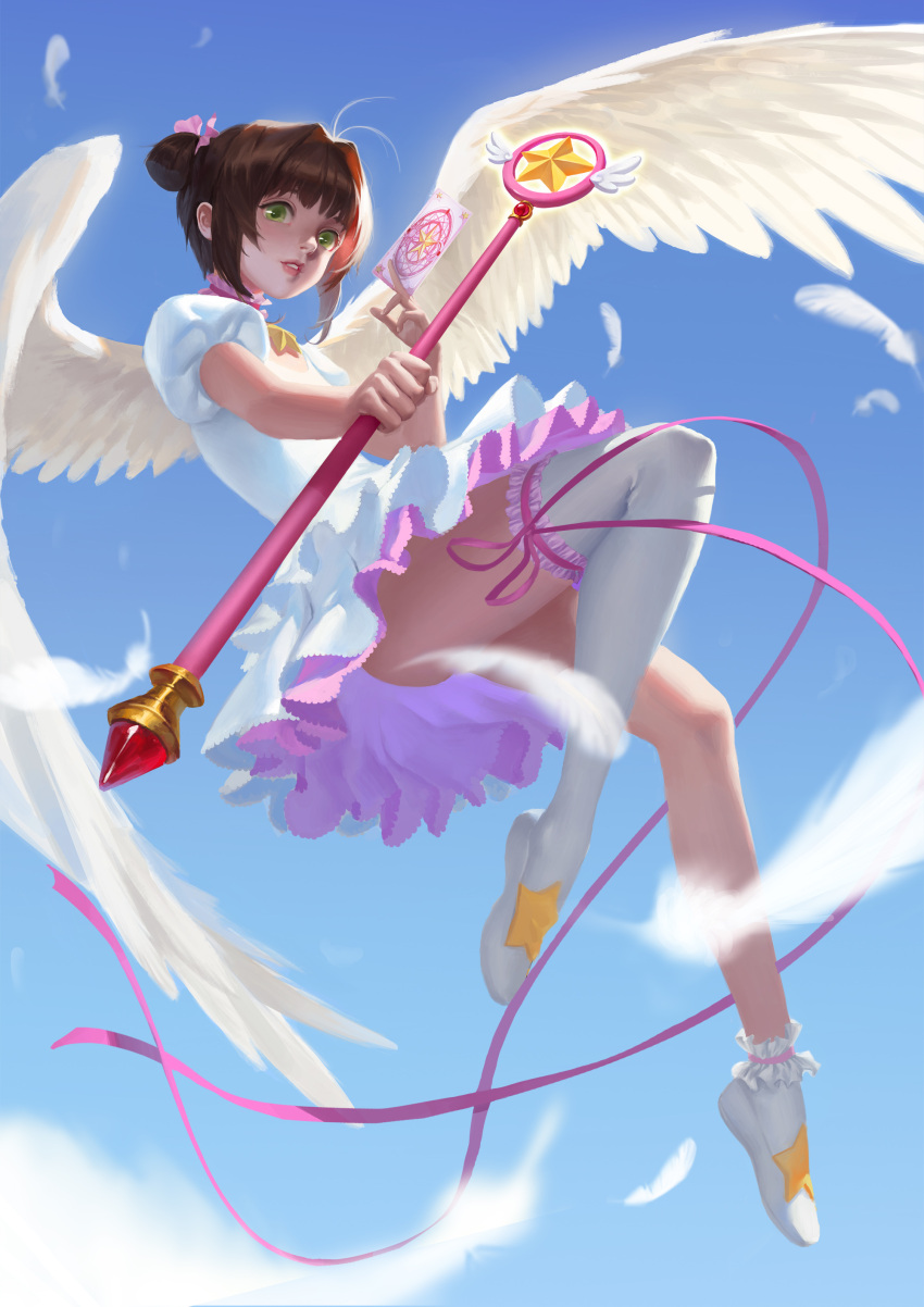 1girl absurdres between_fingers blue_background blue_sky card_captor_sakura cherry_blossoms dabul feathered_wings feathers flying fuuin_no_tsue green_eyes highres holding holding_wand kinomoto_sakura parted_lips petticoat pink_ribbon puffy_short_sleeves puffy_sleeves ribbon sakura_card short_hair short_sleeves single_thighhigh sky solo thigh-highs two_side_up wand white_footwear white_legwear white_wings wings