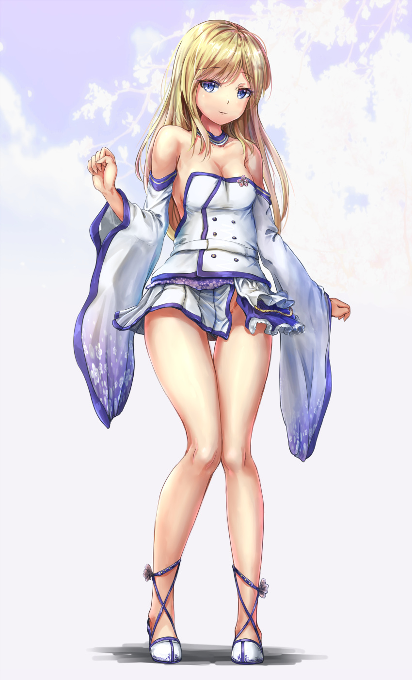 1girl absurdres blonde_hair blue_eyes breasts closed_mouth commentary detached_collar detached_sleeves eyebrows_visible_through_hair fii_fii_(feefeeowo) full_body highres long_hair looking_at_viewer medium_breasts no_panties original solo standing