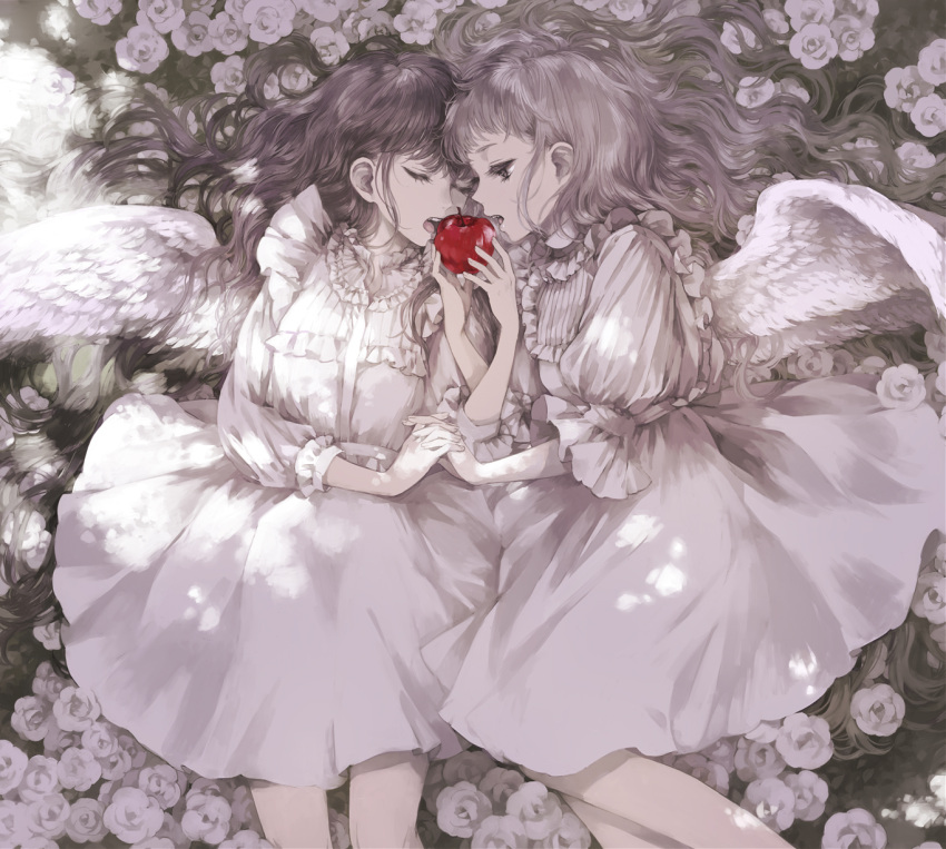 2girls angel angel_wings apple closed_eyes dress eating feathered_wings flower food fruit grey_eyes grey_hair hand_holding highres interlocked_fingers kakmxxxny06 long_hair lying multiple_girls original rose silver_hair white_dress white_flower white_rose wings yuri