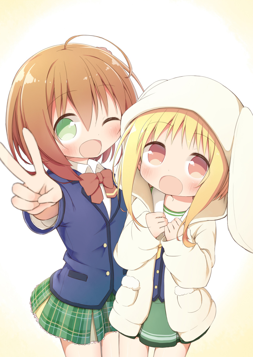 2girls :d ;d animal_ears animal_hood ayanepuna battle_girl_high_school blonde_hair blue_jacket blurry blurry_foreground blush bow bowtie brown_eyes brown_hair brown_neckwear bunny_hood collared_shirt depth_of_field green_eyes green_skirt hands_up highres hood hood_up hoodie hoshitsuki_miki jacket long_hair long_sleeves multiple_girls one_eye_closed open_clothes open_hoodie open_mouth outstretched_arm own_hands_together plaid plaid_skirt pleated_skirt rabbit_ears school_uniform serafuku shirt sidelocks skirt sleeves_past_wrists smile v watagi_michelle white_hoodie white_shirt