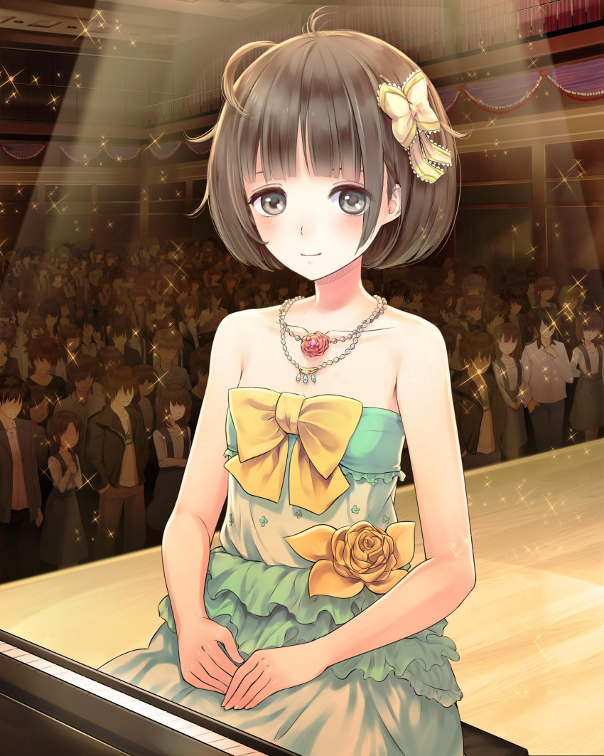 absurdres blush bow brown_eyes brown_hair collarbone dress flower green_dress hair_bow highres indoors instrument jewelry kishida_mel necklace piano red_flower school_fanfare short_hair sitting sleeveless sleeveless_dress smile solo_focus sparkle stage strapless strapless_dress yellow_bow