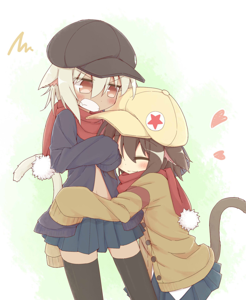 2girls :3 animal_ears ayanepuna bangs black_legwear blue_cardigan blue_skirt blush borrowed_character brown_cardigan brown_eyes brown_hair brown_hat brown_shirt cabbie_hat cardigan cat_ears cat_tail clenched_teeth closed_mouth dark_skin eyebrows_visible_through_hair fang hair_between_eyes hat heart highres hug light_brown_hair long_sleeves multiple_girls open_cardigan open_clothes original pleated_skirt pom_pom_(clothes) red_scarf scarf shirt skirt sleeves_past_fingers sleeves_past_wrists star sweat tail teeth thigh-highs