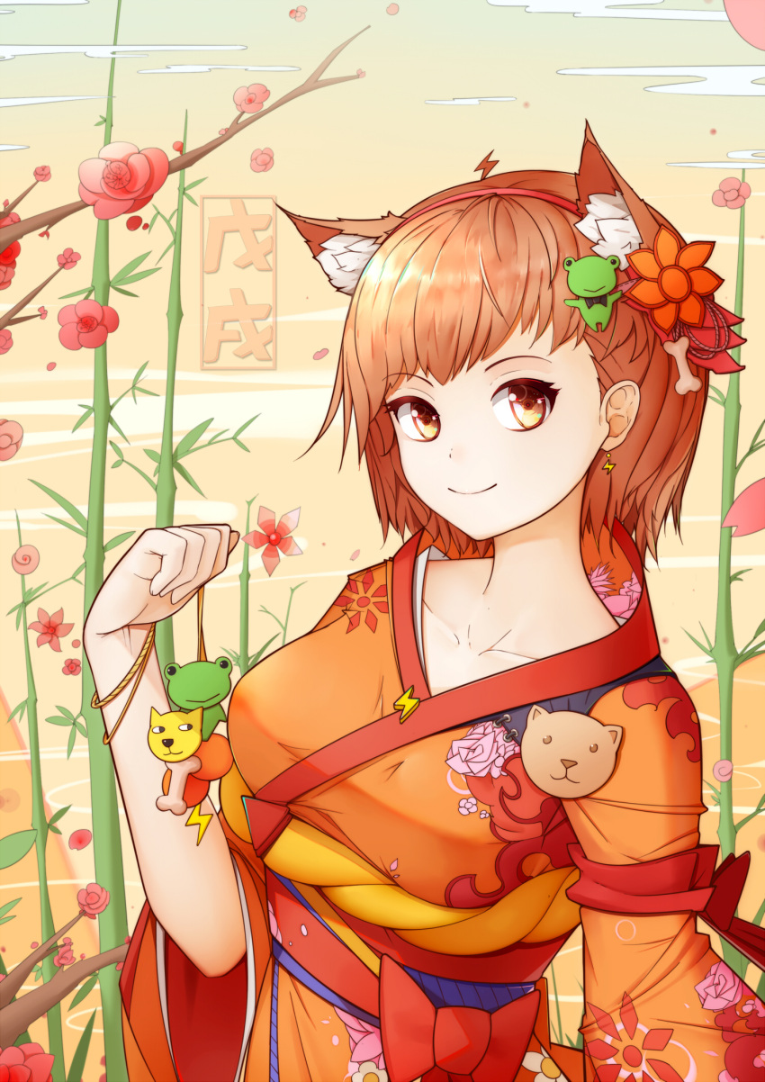 1girl animal_ears brown_eyes brown_hair collarbone dog_ears earrings eyebrows_visible_through_hair floral_background floral_print flower frog_hair_ornament gekota hair_flower hair_ornament happy_new_year hd-hlh-3h highres japanese_clothes jewelry kimono lightning long_sleeves looking_at_viewer misaka_mikoto nengajou new_year short_hair smile solo to_aru_kagaku_no_railgun to_aru_majutsu_no_index translated wide_sleeves