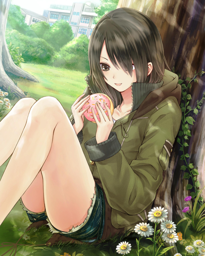 1girl :d absurdres against_tree brown_eyes brown_hair collarbone daisy day flower food hair_between_eyes hair_over_one_eye highres holding holding_food kishida_mel long_hair open_mouth outdoors school_fanfare shirt short_shorts shorts sitting smile solo sweater torn_clothes torn_shorts tree white_flower white_shirt