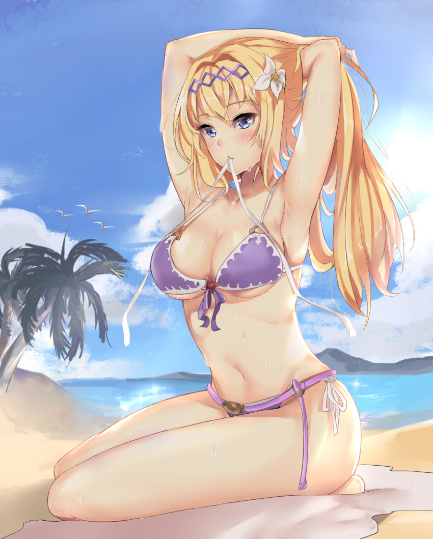 1girl adjusting_hair ardi_rayhan armpits bangs beach beach_towel bikini blonde_hair blue_eyes blush breasts clouds day eyebrows_visible_through_hair flower front-tie_bikini front-tie_top full_body granblue_fantasy hair_flower hair_ornament hairband highres jeanne_d'arc_(granblue_fantasy) large_breasts lily_(flower) long_hair looking_at_viewer mouth_hold navel outdoors purple_bikini ribbon seiza side-tie_bikini sitting sky solo sweat swimsuit towel tying_hair unfinished_background white_flower white_ribbon