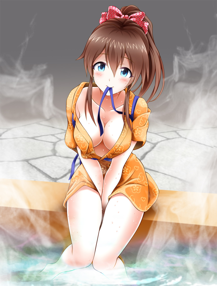 1girl blue_eyes blush breasts brown_hair commentary_request eva_16-gouki highres idolmaster idolmaster_million_live! japanese_clothes large_breasts long_hair looking_at_viewer mouth_hold ponytail ribbon satake_minako smile soaking_feet solo steam