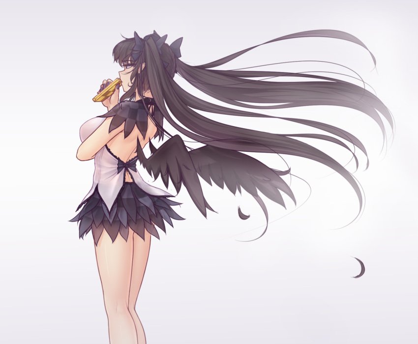 1girl alternate_costume back backless_outfit bare_arms bare_legs black_bow black_hair black_nails black_ribbon black_wings bow breasts brown_hair cellphone checkered checkered_skirt commentary eyebrows_visible_through_hair feathered_wings hair_bow hair_ribbon hat hater_(hatater) highres himekaidou_hatate kneepits large_breasts long_hair miniskirt nail_polish phone pointy_ears ribbon shirt simple_background skirt sleeveless sleeveless_shirt solo standing tokin_hat touhou twintails very_long_hair wings