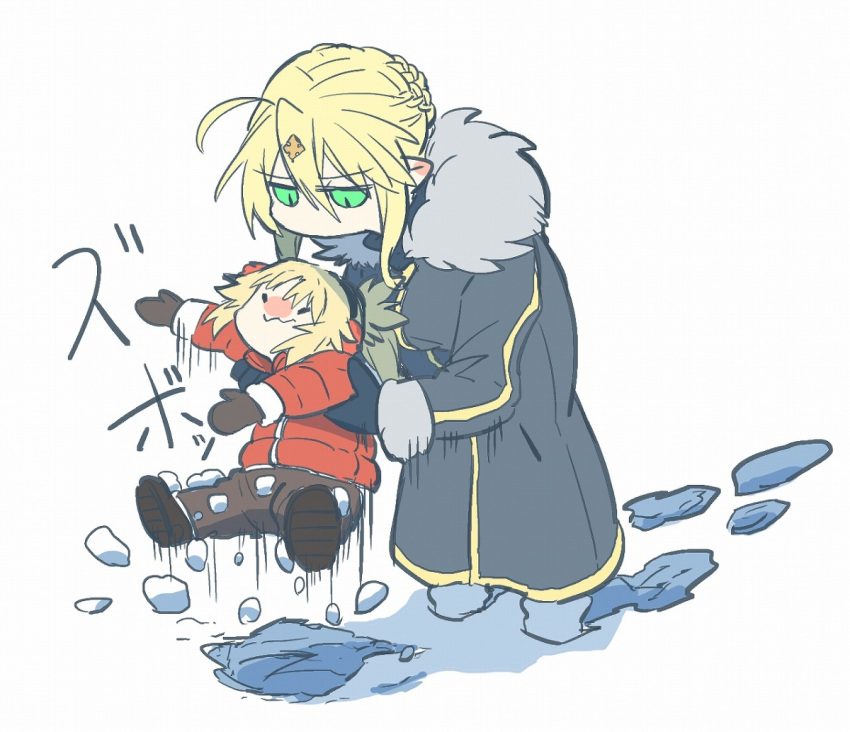 age_regression artoria_pendragon_(all) artoria_pendragon_(lancer) blonde_hair coat fate/apocrypha fate/grand_order fate_(series) green_eyes mordred_(fate) mordred_(fate)_(all) mother_and_daughter picking_up pointy_ears saber saber_of_red snow takatsuki_nato winter_clothes winter_coat younger