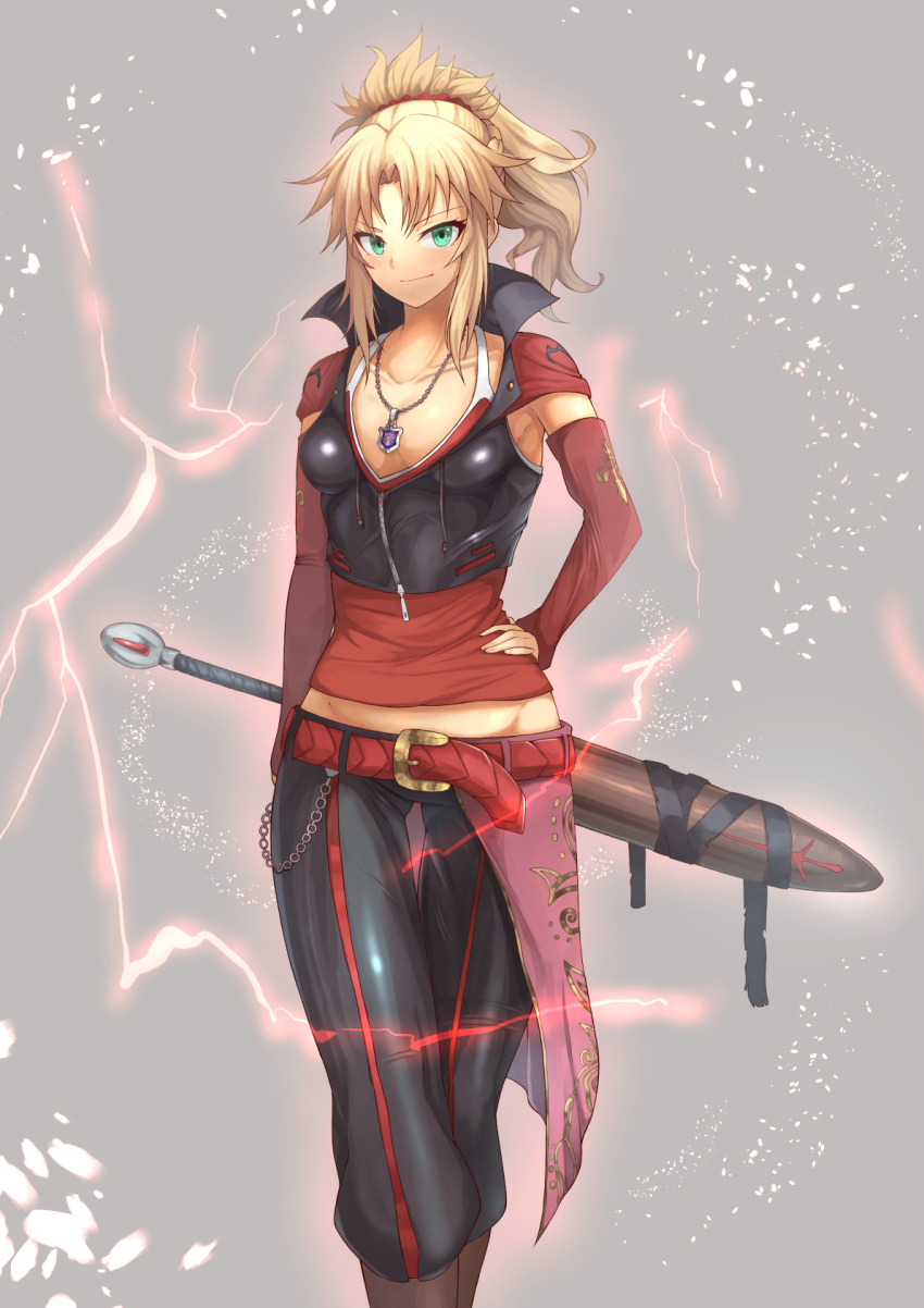 1girl alternate_costume arm_at_side armpit_peek bangs belt_buckle black_pants black_vest blonde_hair boots breasts brown_footwear buckle chains clarent closed_mouth collarbone commentary_request cropped_vest detached_sleeves electricity eyebrows_visible_through_hair fate/grand_order fate_(series) green_eyes grey_background groin hair_ornament hair_scrunchie hand_on_hip high_collar high_ponytail highres jewelry knee_boots looking_at_viewer medium_hair midriff mordred_(fate) mordred_(fate)_(all) necklace ohako_(ohako1818) pants parted_bangs ponytail red_belt red_scrunchie red_shirt scrunchie sheath sheathed shirt sidelocks simple_background small_breasts smile solo standing striped striped_pants sword thigh_gap tsurime v-shaped_eyes vest weapon zipper zipper_pull_tab