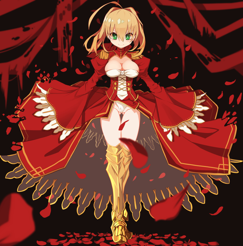 1girl ahoge blonde_hair breasts cleavage closed_eyes commentary_request epaulettes fate/extra fate_(series) full_body green_eyes highres medium_breasts naruwe nero_claudius_(fate) nero_claudius_(fate)_(all) petals short_hair sleeves_past_wrists smile solo standing thighs