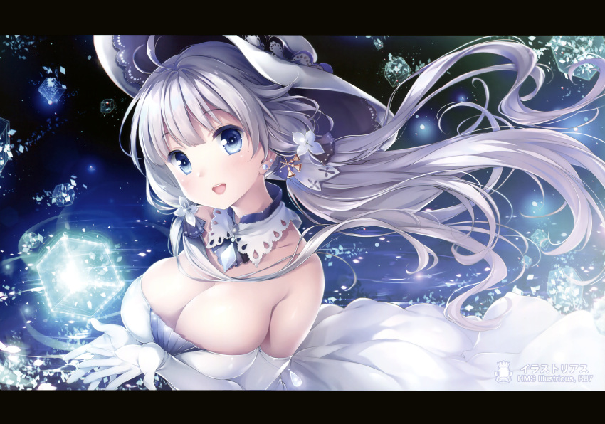 1girl absurdres azur_lane bangs bare_shoulders blue_eyes blush breasts character_name chiyingzai cleavage detached_collar dress earrings elbow_gloves eyebrows_visible_through_hair gloves hat highres huge_filesize illustrious_(azur_lane) jewelry large_breasts long_hair looking_at_viewer mole mole_under_eye open_mouth scan shiny silver_hair simple_background smile solo strapless strapless_dress sun_hat upper_body white_dress