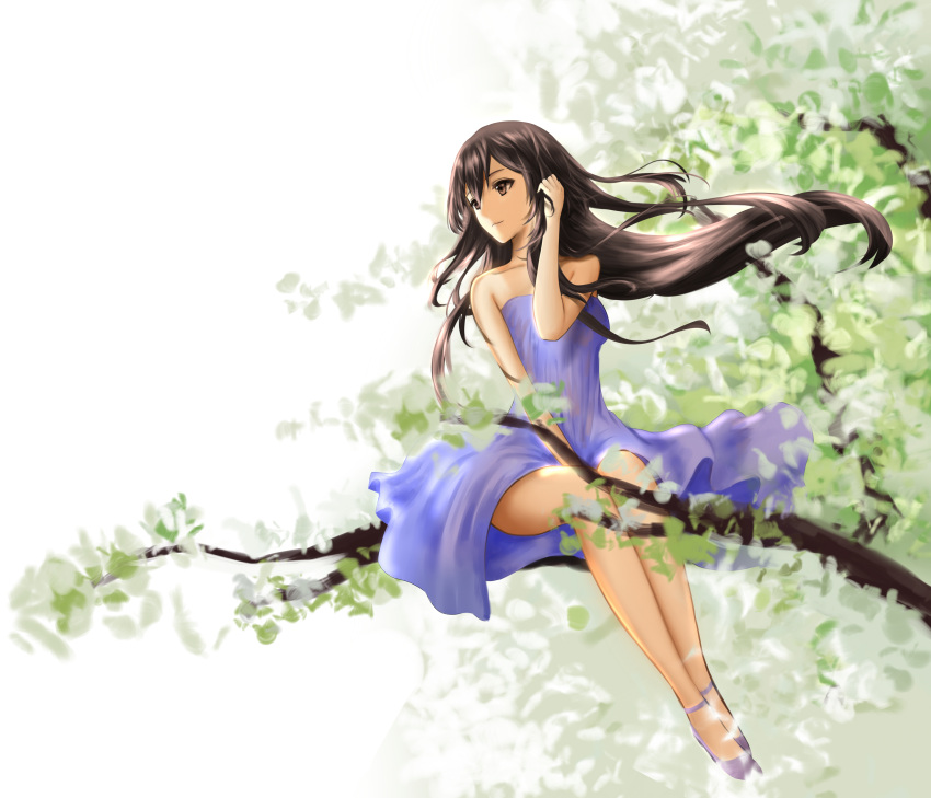 1girl absurdres black_hair blue_dress brown_eyes collarbone dress floating_hair full_body hair_between_eyes hand_in_hair higandgk high_heels highres in_tree long_hair original sitting sitting_in_tree sleeveless sleeveless_dress solo strapless strapless_dress tree very_long_hair white_background