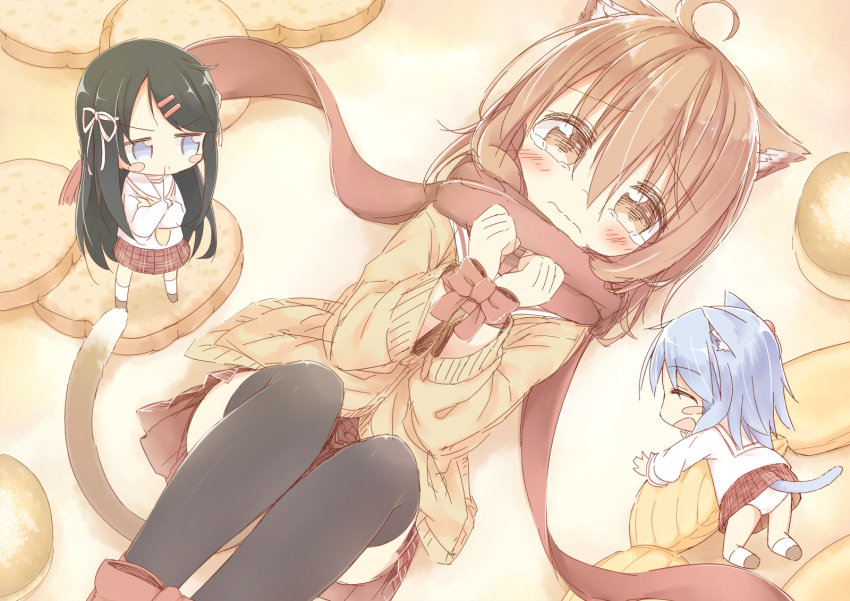 3girls :d ahoge animal_ears ayanepuna bangs bdsm black_hair black_legwear blue_eyes blue_hair blush blush_stickers bondage borrowed_character bound bound_ankles bound_wrists bow brown_bow brown_eyes brown_footwear brown_hair brown_ribbon brown_scarf brown_skirt cardigan cat_ears cat_girl cat_tail closed_eyes closed_mouth commentary_request crossed_arms eyebrows_visible_through_hair food fringe hair_between_eyes hair_bobbles hair_ornament hair_ribbon hairclip highres kneehighs long_hair long_sleeves lying multiple_girls nose_blush on_back one_side_up open_mouth original panties plaid plaid_skirt pleated_skirt ribbon ribbon_bondage school_uniform serafuku shirt sketch skirt smile tail tears thigh-highs underwear v-shaped_eyebrows very_long_hair wavy_mouth white_legwear white_panties white_ribbon white_shirt