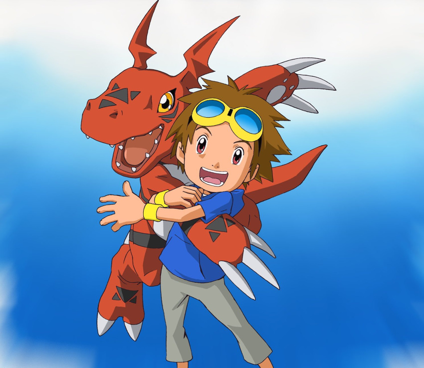 1boy arm_hug blue_background blue_hoodie brown_hair claws creature digimon digimon_tamers goggles goggles_on_head grey_pants guilmon highres looking_at_viewer matsuda_takato nakatsuru_katsuyoshi official_art open_mouth orange_eyes pants red_eyes reptile shirt smile tail tongue white_shirt wristband yellow-framed_eyewear yellow_wristband