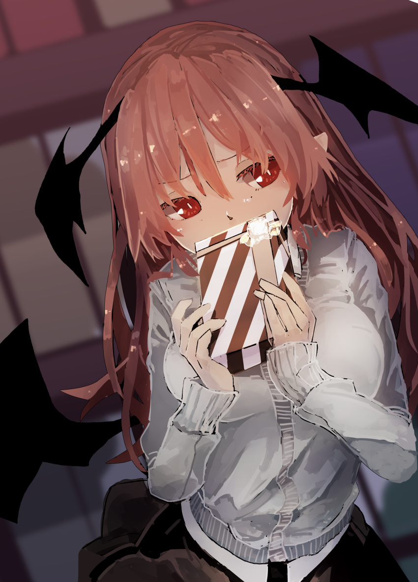 1girl absurdres bangs blush bookshelf box breasts covering_mouth eyebrows_visible_through_hair futatsuki_eru gift gift_box hair_between_eyes head_wings highres holding holding_gift koakuma large_breasts long_hair long_sleeves pointy_ears red_eyes redhead solo touhou valentine wings