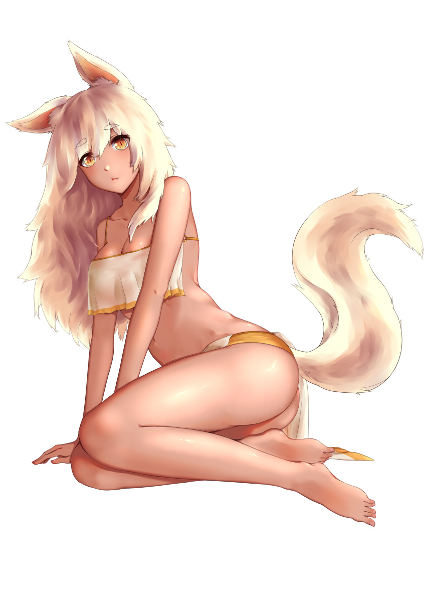 1girl absurdres animal_ears arm_support ass bikini blonde_hair breasts closed_mouth eyebrows_visible_through_hair fang highres jiliang_jiying_yumao large_breasts long_hair looking_at_viewer original simple_background sitting slit_pupils swimsuit tail yellow_bikini yellow_eyes