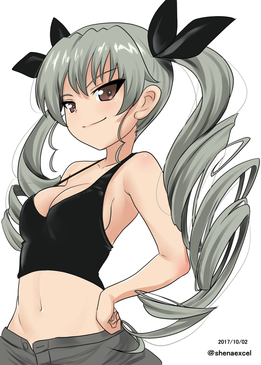 1girl anchovy bangs black_ribbon breasts cleavage closed_mouth commentary crop_top dated drill_hair excel_(shena) eyebrows_visible_through_hair girls_und_panzer green_hair grey_pants hair_ribbon hand_on_hip highres long_hair looking_at_viewer midriff navel pants red_eyes ribbon simple_background smile solo standing tank_top twin_drills twintails twitter_username upper_body white_background