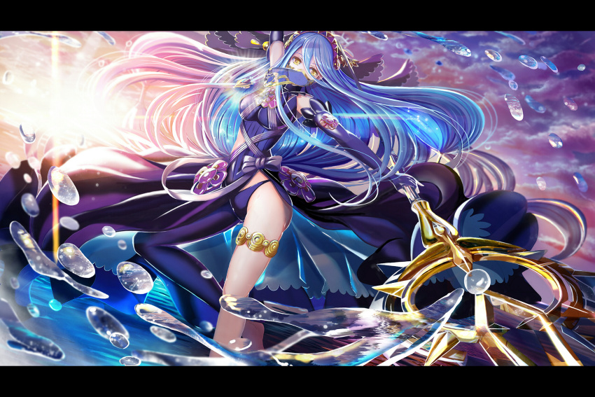 1girl aqua_(fire_emblem_if) asymmetrical_clothes blue_hair covered_navel droplet fire_emblem fire_emblem_if highres long_hair looking_at_viewer polearm solo spear sunset thigh_strap tongari very_long_hair water weapon yellow_eyes