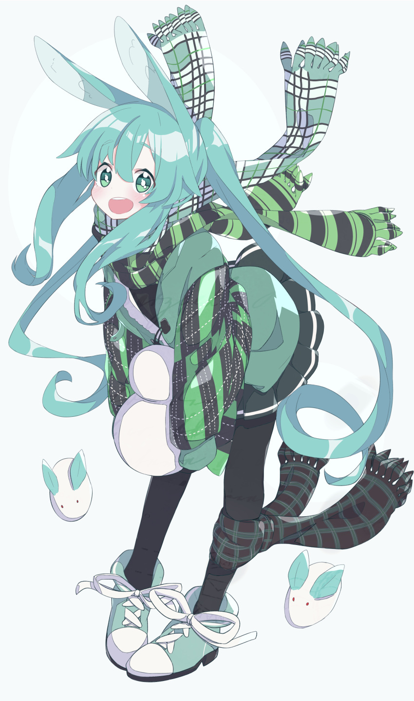 1girl absurdres animal_ears black_legwear blush coat eyebrows_visible_through_hair full_body green_eyes green_hair green_scarf hatsune_miku highres long_hair looking_at_viewer open_mouth pantyhose ponytail rabbit_ears relila scarf smile snowman solo twintails very_long_hair vocaloid