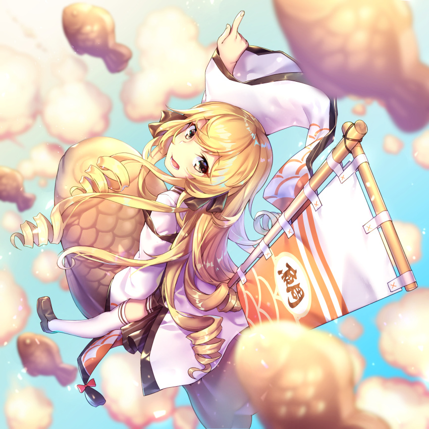 1girl blonde_hair blue_sky blurry blurry_background brown_eyes character_request commentary_request copyright_request drill_hair eyebrows_visible_through_hair flag flying food from_above highres index long_hair looking_at_viewer open_mouth riding shennai_misha shoes sky solo taiyaki thigh-highs wagashi white_legwear