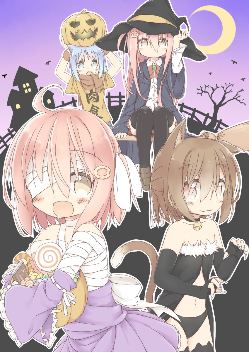 1boy 3girls :3 :d animal_band_legwear animal_ears arms_up ayanepuna bandage_over_one_eye bangs bare_shoulders bare_tree bell bell_choker black_choker black_dress black_gloves black_hat black_legwear black_panties black_robe blue_eyes blue_hair blush bow bowtie brooch broom brown_eyes brown_footwear brown_hair brown_neckwear brown_shirt candy candy_cane candy_wrapper cat_band_legwear cat_ears cat_girl cat_tail chocolate choker closed_mouth clothes_writing collarbone collared_shirt commentary_request crescent_moon detached_sleeves dress dress_shirt elbow_gloves eyebrows_visible_through_hair fang fang_out fangs fingerless_gloves fingernails food frilled_dress frills fur_trim gloves gradient gradient_background hair_between_eyes hair_ornament hair_ribbon halloween halloween_basket hat highres hood hood_down hooded_robe jack-o'-lantern jewelry jingle_bell kemonomimi_mode loafers lollipop long_fingernails long_hair long_sleeves moon multiple_girls navel on_head one_side_up open_clothes open_mouth open_robe original panties pink_background pink_hair pleated_skirt purple_background purple_dress red_skirt ribbon robe sharp_fingernails shirt shoes short_sleeves sidelocks sitting skirt smile strapless strapless_dress sweat sweatband swirl_lollipop tail thigh-highs tree underwear very_long_hair white_bow white_ribbon white_shirt wide_sleeves witch_hat wristband